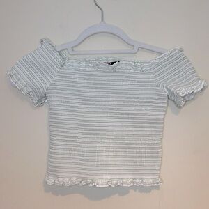 Zara Green and White Stripe Smocked Off the Shoulder Top Sz Sm
